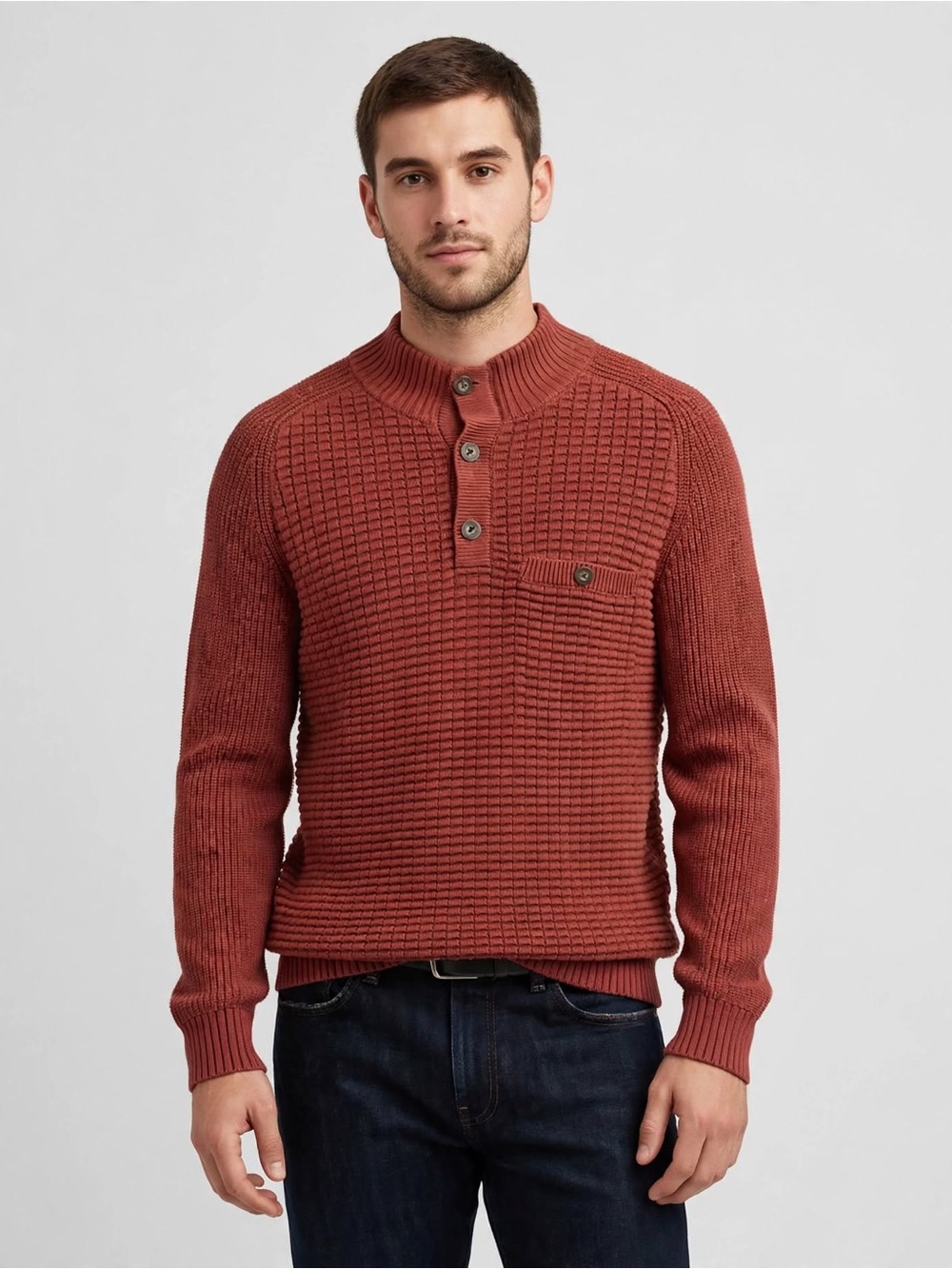 Duluth Trading Co XL Waffle Knit Henley Sweater Brick Rust Button Pocket Mens